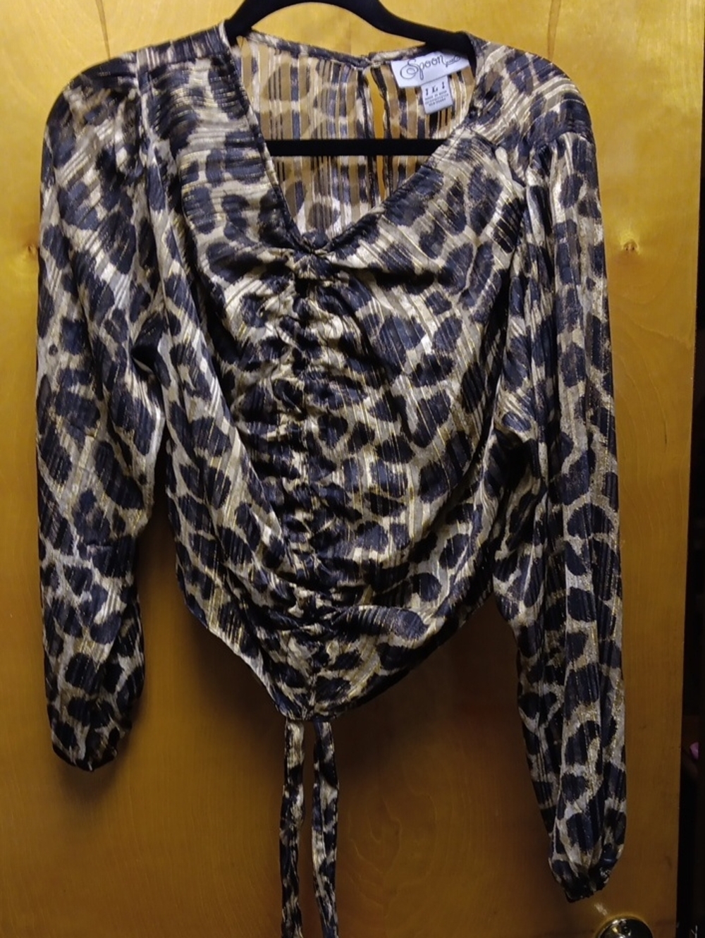 Scoop Leopard-Print Ruched Tie-Front Top in Black and Gold